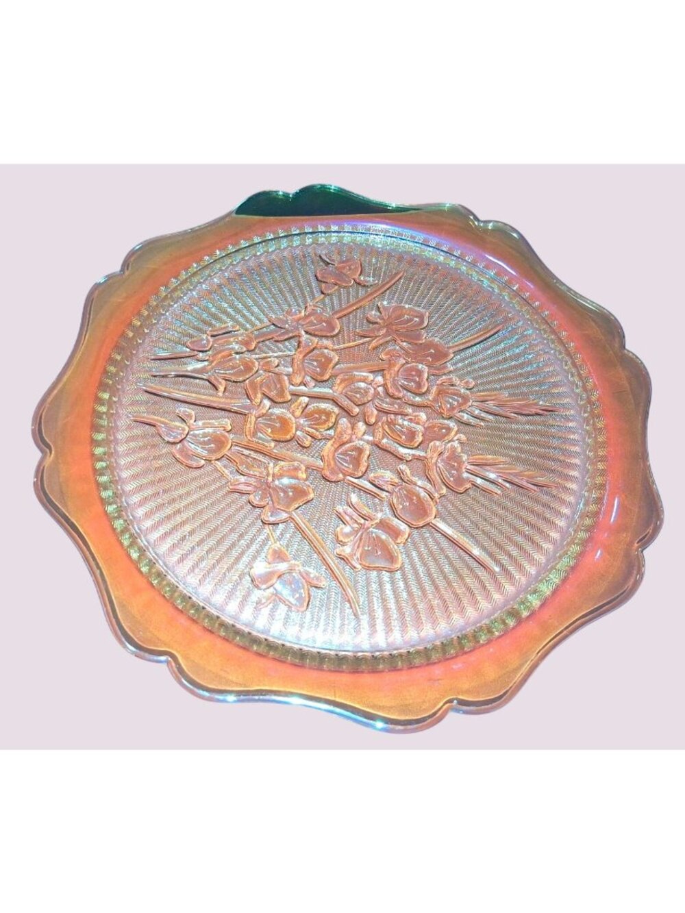 Iridescent Carnival Glass Floral Embossed Glass Plate With Scalloped Edge For De